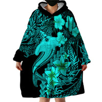 Aloha Hawaii Wearable Blanket Hoodie Hammerhead Shark Tattoo Polynesian Summer - Turquoise - Wonder Print Shop