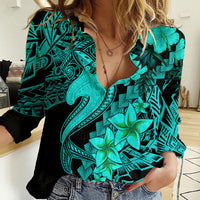 Aloha Hawaii Women Casual Shirt Hammerhead Shark Tattoo Polynesian Summer - Turquoise - Wonder Print Shop