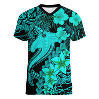 Aloha Hawaii Women V Neck T Shirt Hammerhead Shark Tattoo Polynesian Summer - Turquoise - Wonder Print Shop