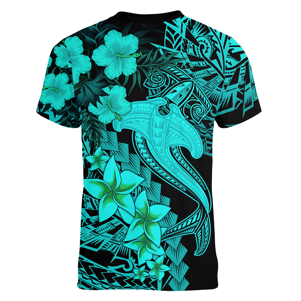 Aloha Hawaii Women V Neck T Shirt Hammerhead Shark Tattoo Polynesian Summer - Turquoise - Wonder Print Shop