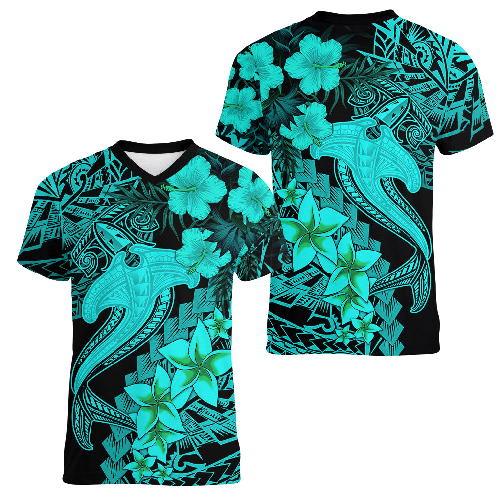 Aloha Hawaii Women V Neck T Shirt Hammerhead Shark Tattoo Polynesian Summer - Turquoise - Wonder Print Shop