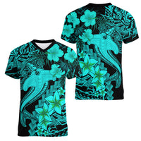Aloha Hawaii Women V Neck T Shirt Hammerhead Shark Tattoo Polynesian Summer - Turquoise - Wonder Print Shop