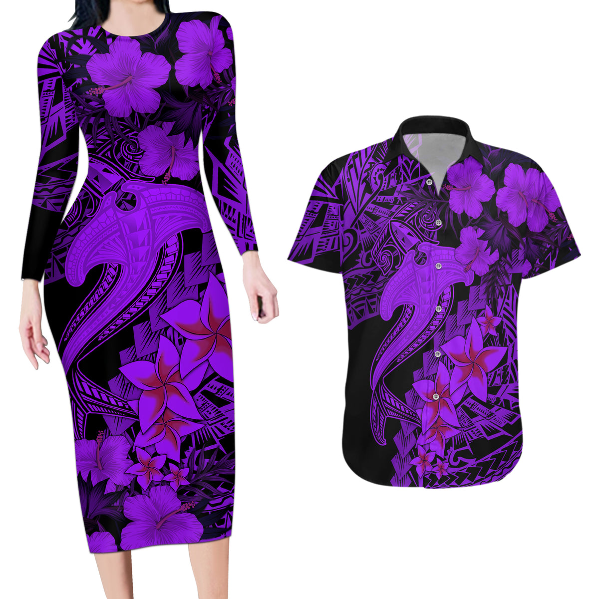 Aloha Hawaii Couples Matching Long Sleeve Bodycon Dress and Hawaiian Shirt Hammerhead Shark Tattoo Polynesian Summer - Violet LT9 - Wonder Print Shop