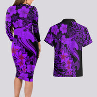 Aloha Hawaii Couples Matching Long Sleeve Bodycon Dress and Hawaiian Shirt Hammerhead Shark Tattoo Polynesian Summer - Violet LT9 - Wonder Print Shop