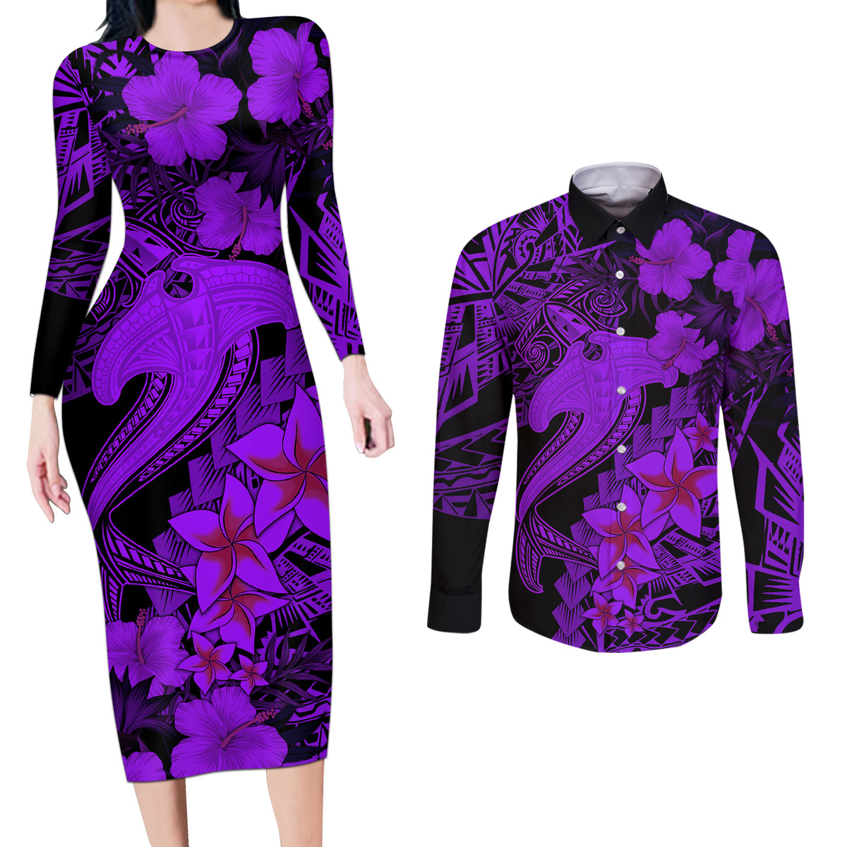 Aloha Hawaii Couples Matching Long Sleeve Bodycon Dress and Long Sleeve Button Shirts Hammerhead Shark Tattoo Polynesian Summer - Violet LT9 - Wonder Print Shop