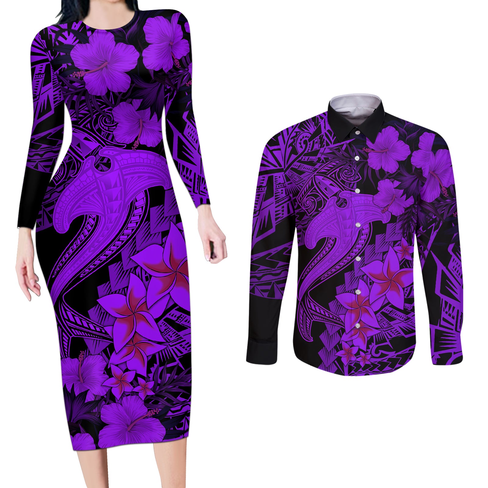Aloha Hawaii Couples Matching Long Sleeve Bodycon Dress and Long Sleeve Button Shirts Hammerhead Shark Tattoo Polynesian Summer - Violet LT9 - Wonder Print Shop