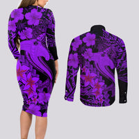 Aloha Hawaii Couples Matching Long Sleeve Bodycon Dress and Long Sleeve Button Shirts Hammerhead Shark Tattoo Polynesian Summer - Violet LT9 - Wonder Print Shop