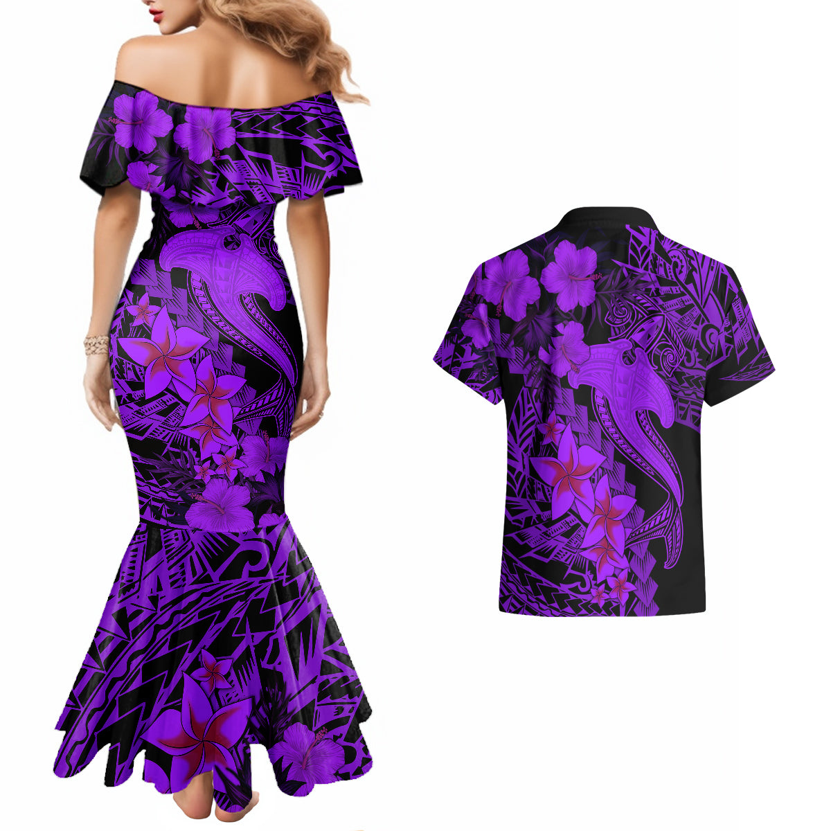 Aloha Hawaii Couples Matching Mermaid Dress And Hawaiian Shirt Hammerhead Shark Tattoo Polynesian Summer - Violet LT9 - Wonder Print Shop