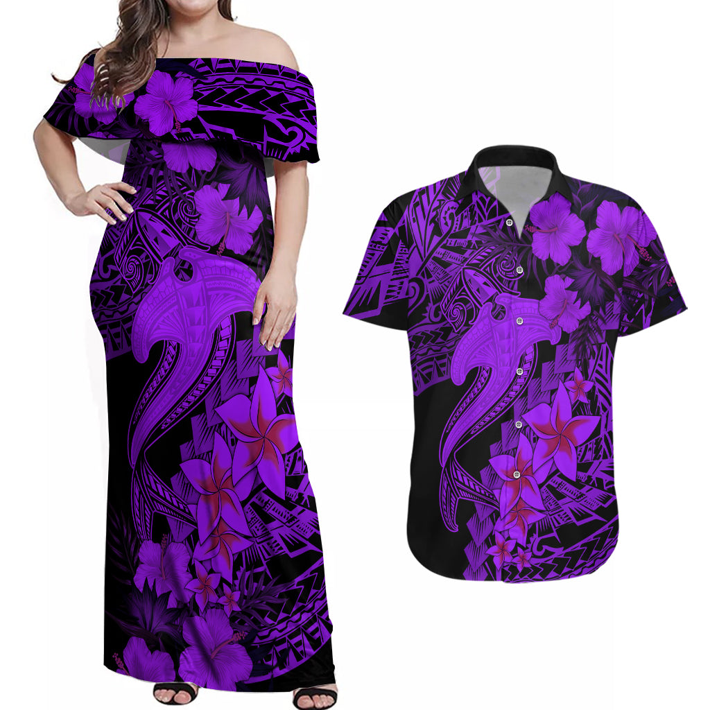 Aloha Hawaii Couples Matching Off Shoulder Maxi Dress and Hawaiian Shirt Hammerhead Shark Tattoo Polynesian Summer - Violet LT9 - Wonder Print Shop