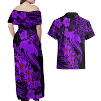 Aloha Hawaii Couples Matching Off Shoulder Maxi Dress and Hawaiian Shirt Hammerhead Shark Tattoo Polynesian Summer - Violet LT9 - Wonder Print Shop