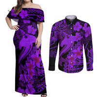 Aloha Hawaii Couples Matching Off Shoulder Maxi Dress and Long Sleeve Button Shirts Hammerhead Shark Tattoo Polynesian Summer - Violet LT9 - Wonder Print Shop