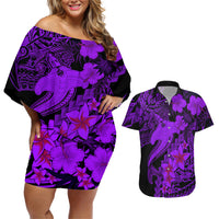 Aloha Hawaii Couples Matching Off Shoulder Short Dress and Hawaiian Shirt Hammerhead Shark Tattoo Polynesian Summer - Violet LT9 - Wonder Print Shop