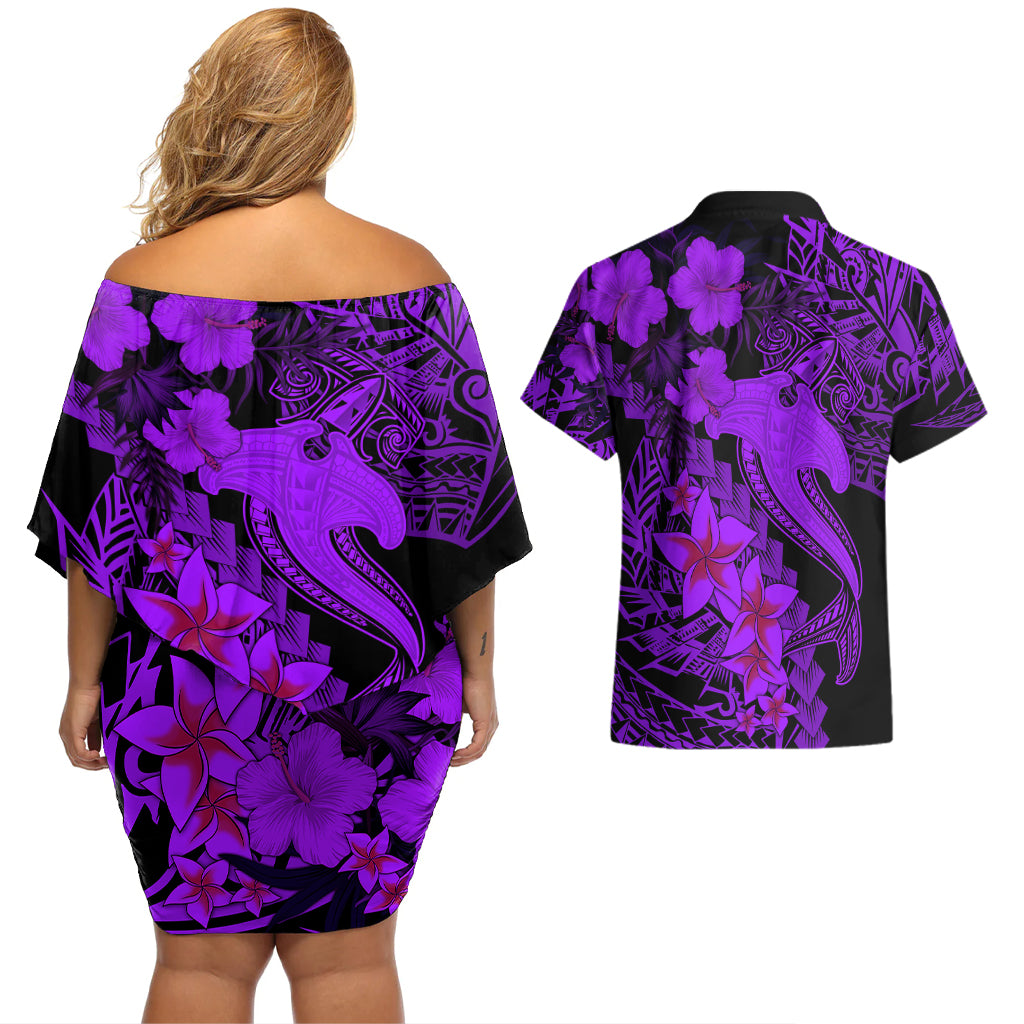 Aloha Hawaii Couples Matching Off Shoulder Short Dress and Hawaiian Shirt Hammerhead Shark Tattoo Polynesian Summer - Violet LT9 - Wonder Print Shop