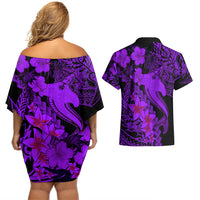 Aloha Hawaii Couples Matching Off Shoulder Short Dress and Hawaiian Shirt Hammerhead Shark Tattoo Polynesian Summer - Violet LT9 - Wonder Print Shop