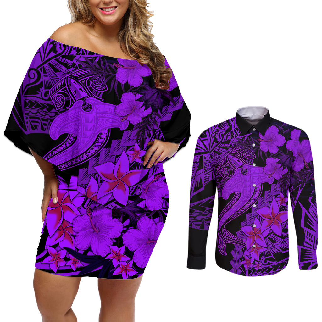Aloha Hawaii Couples Matching Off Shoulder Short Dress and Long Sleeve Button Shirts Hammerhead Shark Tattoo Polynesian Summer - Violet LT9 - Wonder Print Shop