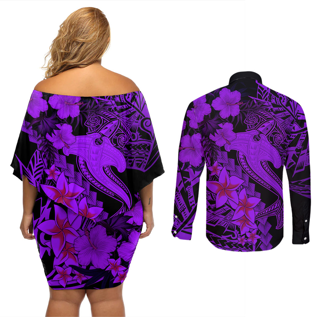 Aloha Hawaii Couples Matching Off Shoulder Short Dress and Long Sleeve Button Shirts Hammerhead Shark Tattoo Polynesian Summer - Violet LT9 - Wonder Print Shop