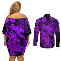 Aloha Hawaii Couples Matching Off Shoulder Short Dress and Long Sleeve Button Shirts Hammerhead Shark Tattoo Polynesian Summer - Violet LT9 - Wonder Print Shop