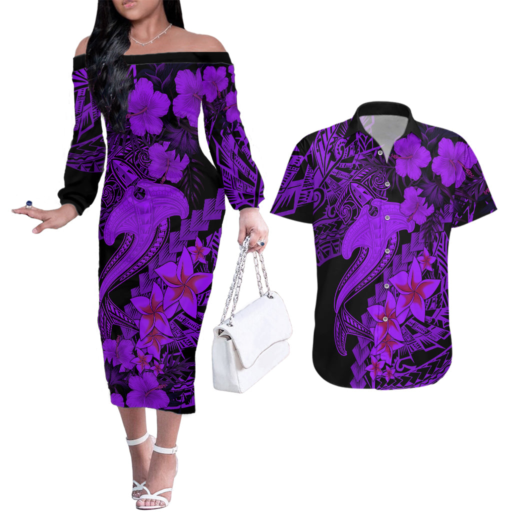 Aloha Hawaii Couples Matching Off The Shoulder Long Sleeve Dress and Hawaiian Shirt Hammerhead Shark Tattoo Polynesian Summer - Violet LT9 - Wonder Print Shop