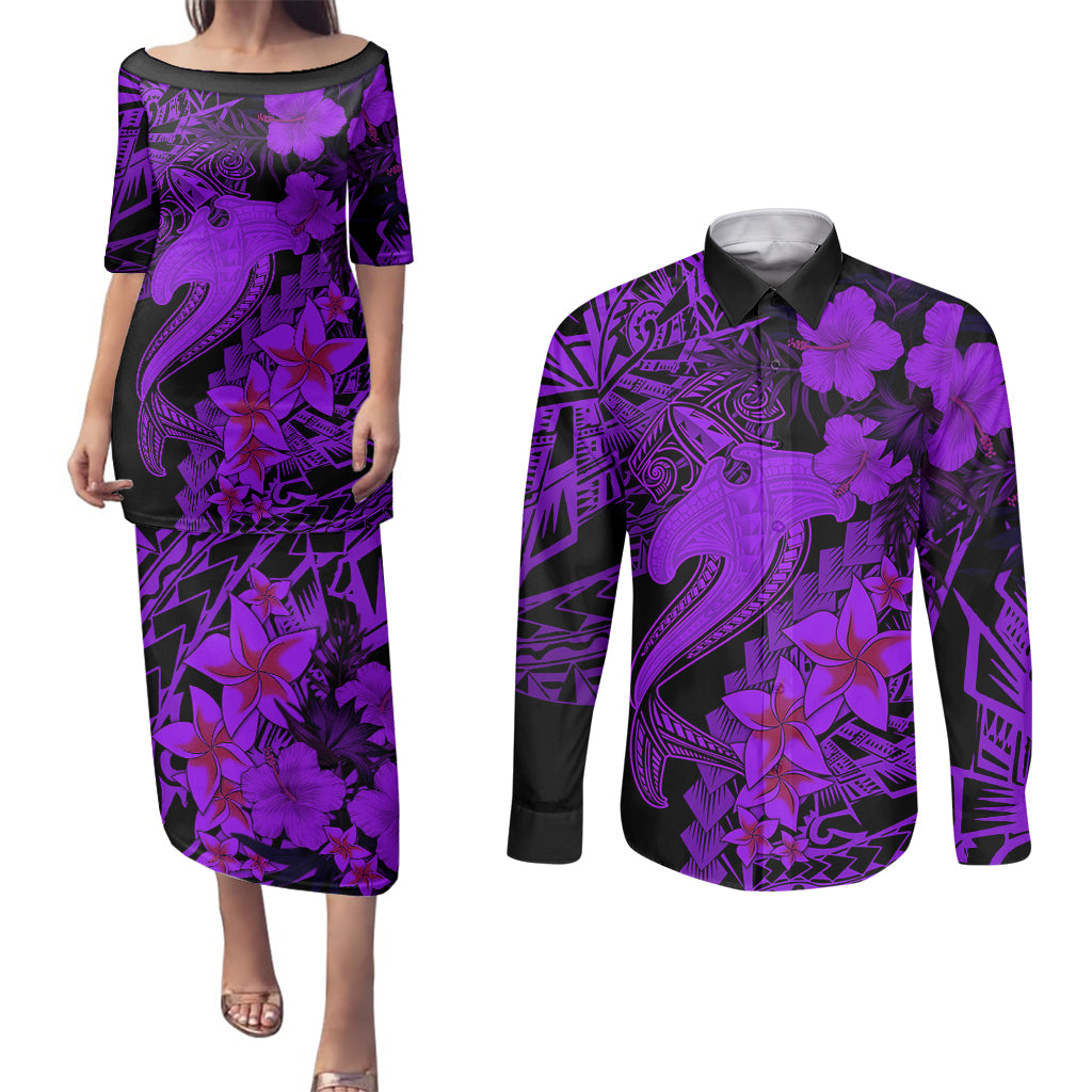 Aloha Hawaii Couples Matching Puletasi Dress and Long Sleeve Button Shirts Hammerhead Shark Tattoo Polynesian Summer - Violet LT9 - Wonder Print Shop