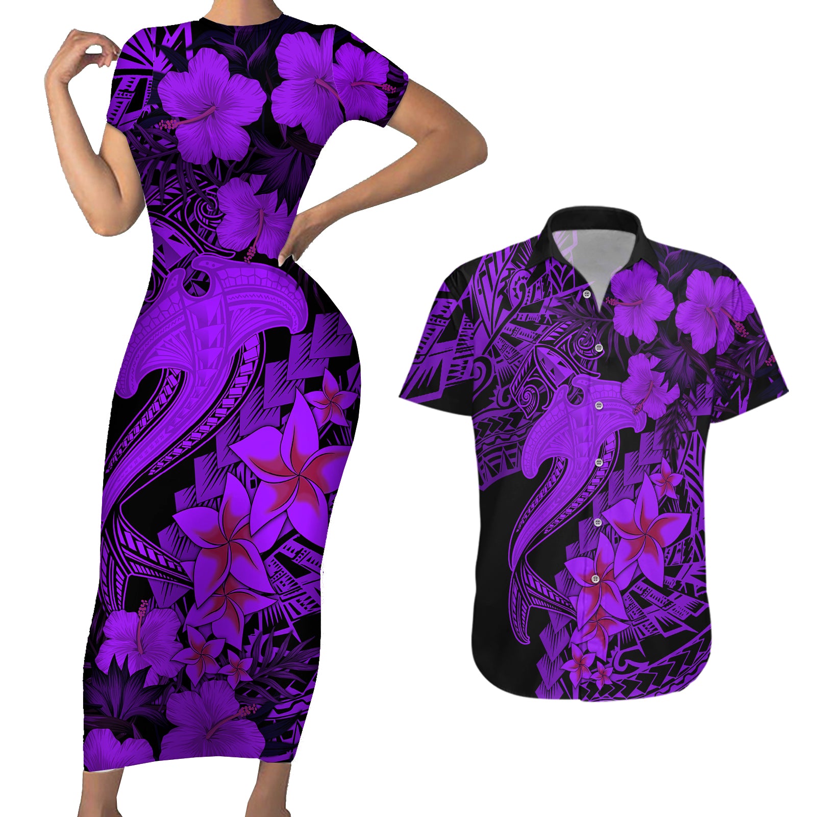 Aloha Hawaii Couples Matching Short Sleeve Bodycon Dress and Hawaiian Shirt Hammerhead Shark Tattoo Polynesian Summer - Violet LT9 - Wonder Print Shop