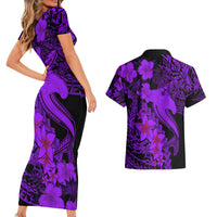 Aloha Hawaii Couples Matching Short Sleeve Bodycon Dress and Hawaiian Shirt Hammerhead Shark Tattoo Polynesian Summer - Violet LT9 - Wonder Print Shop