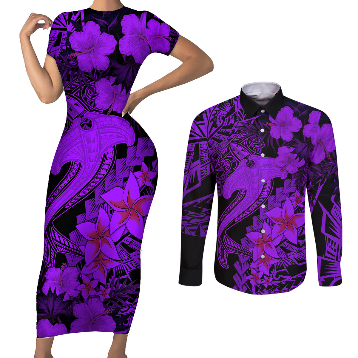 Aloha Hawaii Couples Matching Short Sleeve Bodycon Dress and Long Sleeve Button Shirts Hammerhead Shark Tattoo Polynesian Summer - Violet LT9 - Wonder Print Shop