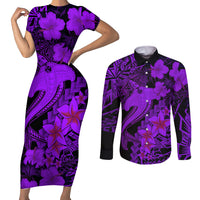 Aloha Hawaii Couples Matching Short Sleeve Bodycon Dress and Long Sleeve Button Shirts Hammerhead Shark Tattoo Polynesian Summer - Violet LT9 - Wonder Print Shop
