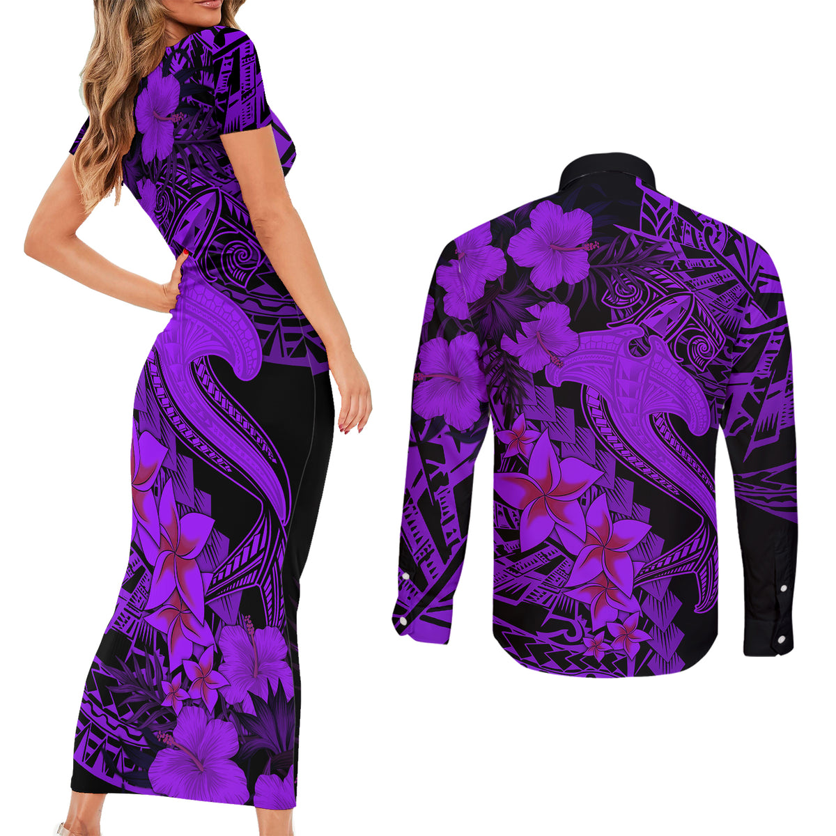 Aloha Hawaii Couples Matching Short Sleeve Bodycon Dress and Long Sleeve Button Shirts Hammerhead Shark Tattoo Polynesian Summer - Violet LT9 - Wonder Print Shop