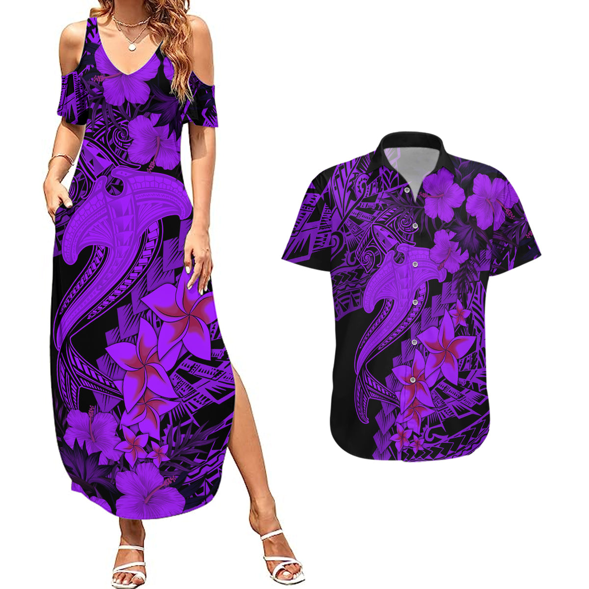 Aloha Hawaii Couples Matching Summer Maxi Dress and Hawaiian Shirt Hammerhead Shark Tattoo Polynesian Summer - Violet LT9 - Wonder Print Shop