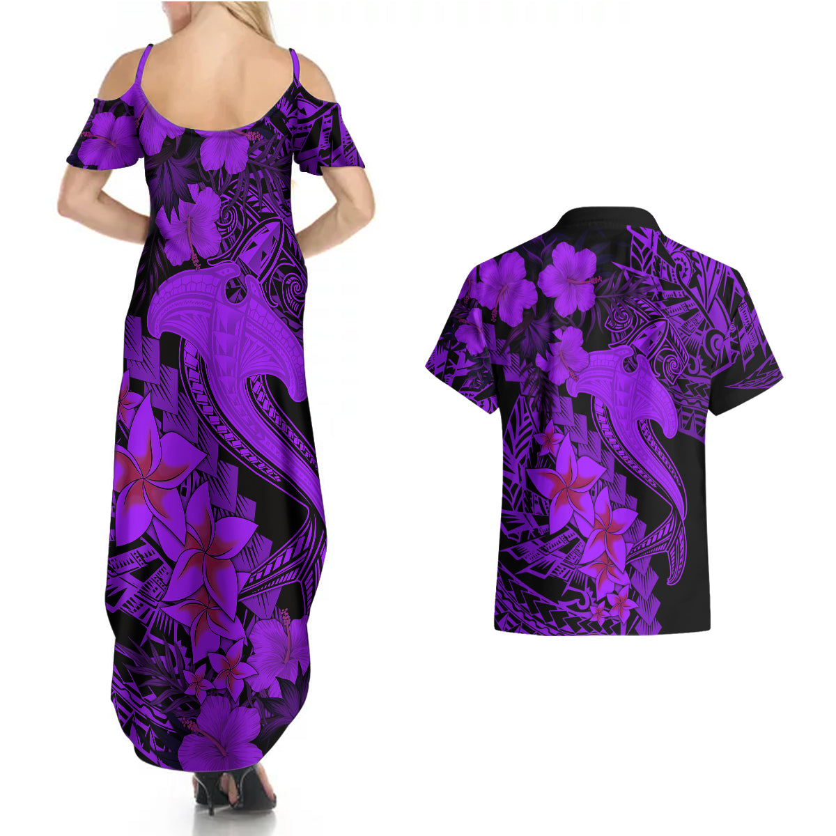 Aloha Hawaii Couples Matching Summer Maxi Dress and Hawaiian Shirt Hammerhead Shark Tattoo Polynesian Summer - Violet LT9 - Wonder Print Shop