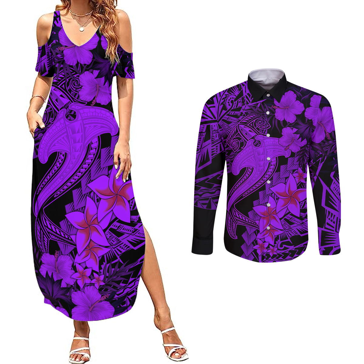 Aloha Hawaii Couples Matching Summer Maxi Dress and Long Sleeve Button Shirts Hammerhead Shark Tattoo Polynesian Summer - Violet LT9 - Wonder Print Shop