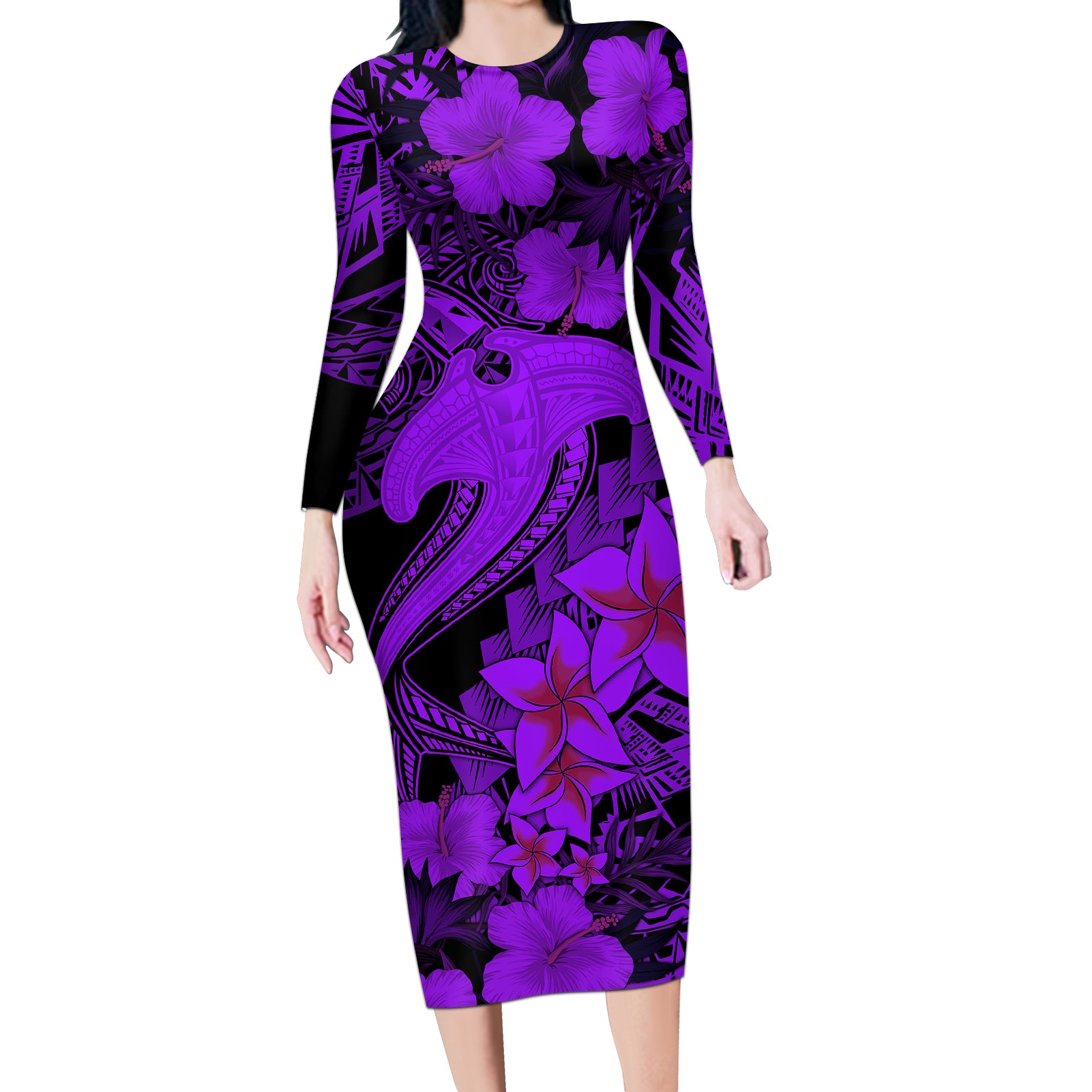 Aloha Hawaii Long Sleeve Bodycon Dress Hammerhead Shark Tattoo Polynesian Summer - Violet - Wonder Print Shop