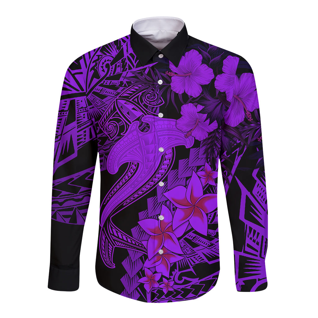 Aloha Hawaii Long Sleeve Button Shirt Hammerhead Shark Tattoo Polynesian Summer - Violet - Wonder Print Shop