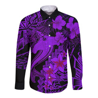 Aloha Hawaii Long Sleeve Button Shirt Hammerhead Shark Tattoo Polynesian Summer - Violet - Wonder Print Shop