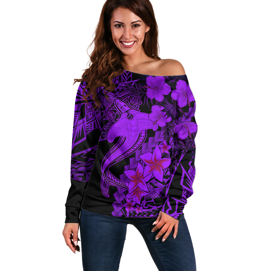 Aloha Hawaii Off Shoulder Sweater Hammerhead Shark Tattoo Polynesian Summer - Violet - Wonder Print Shop