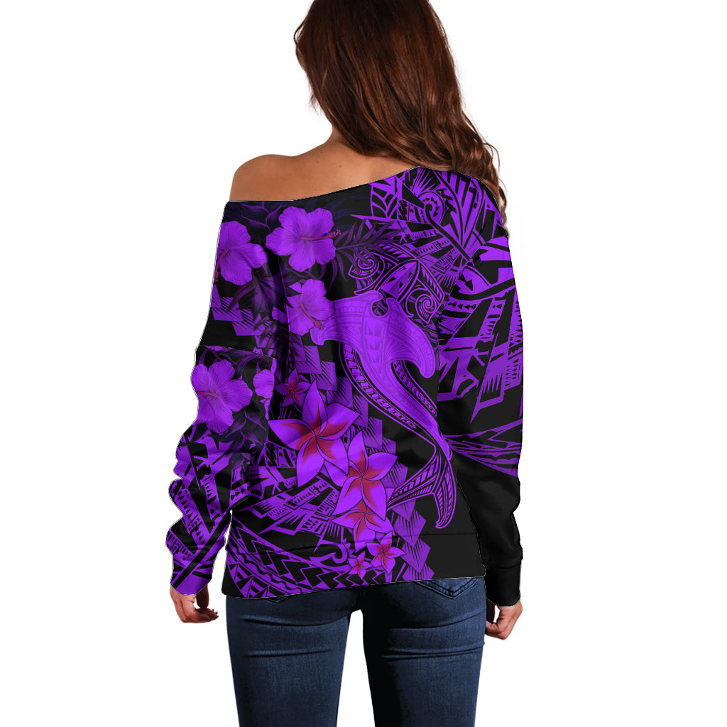 Aloha Hawaii Off Shoulder Sweater Hammerhead Shark Tattoo Polynesian Summer - Violet - Wonder Print Shop