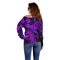 Aloha Hawaii Off Shoulder Sweater Hammerhead Shark Tattoo Polynesian Summer - Violet - Wonder Print Shop