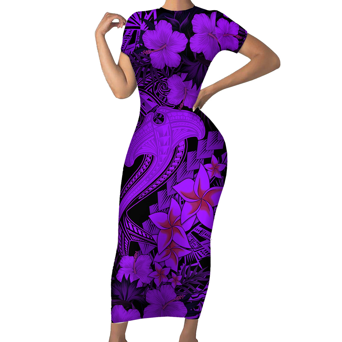Aloha Hawaii Short Sleeve Bodycon Dress Hammerhead Shark Tattoo Polynesian Summer - Violet - Wonder Print Shop