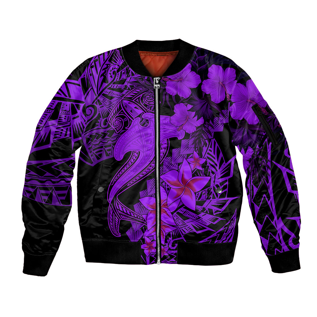 Aloha Hawaii Sleeve Zip Bomber Jacket Hammerhead Shark Tattoo Polynesian Summer - Violet - Wonder Print Shop