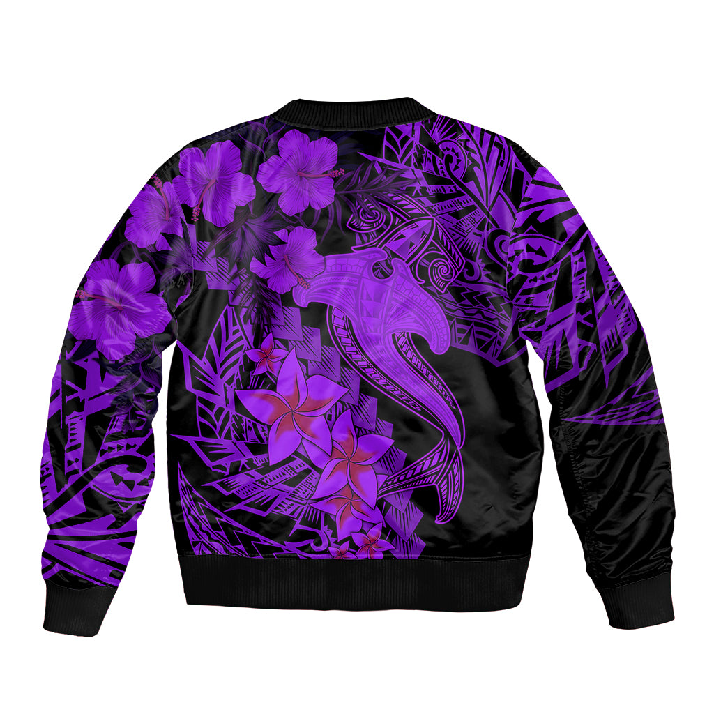 Aloha Hawaii Sleeve Zip Bomber Jacket Hammerhead Shark Tattoo Polynesian Summer - Violet - Wonder Print Shop