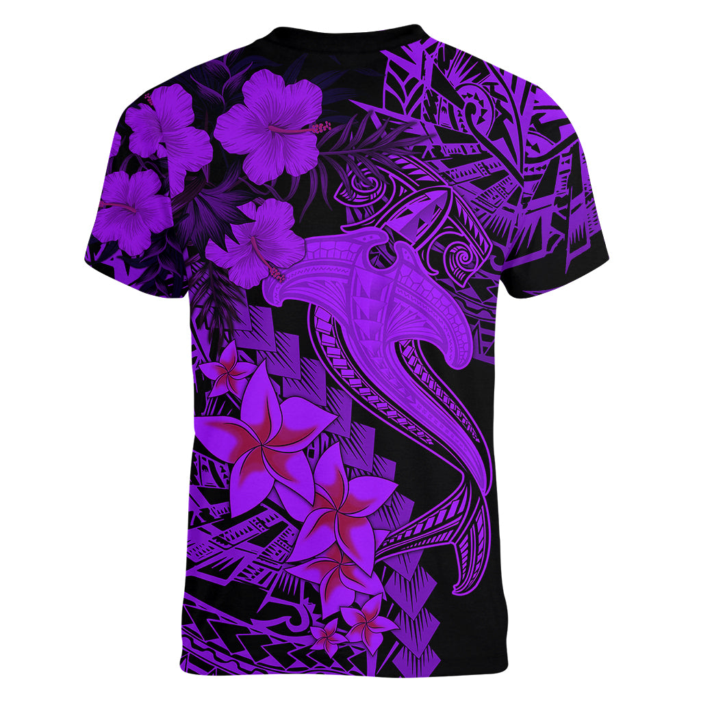 Aloha Hawaii Women V Neck T Shirt Hammerhead Shark Tattoo Polynesian Summer - Violet - Wonder Print Shop