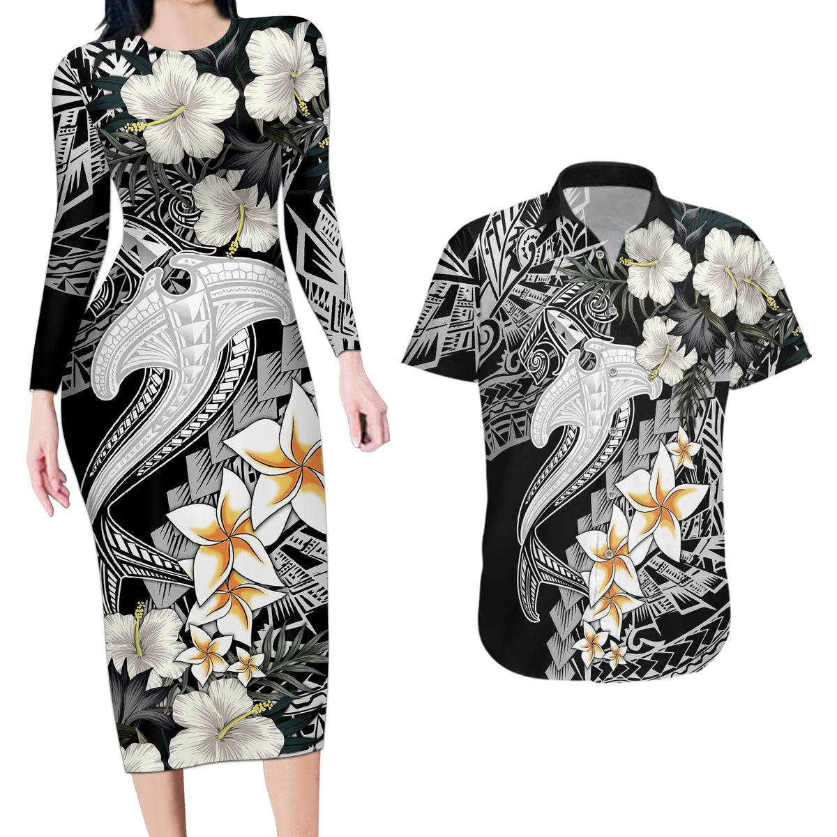 Aloha Hawaii Couples Matching Long Sleeve Bodycon Dress and Hawaiian Shirt Hammerhead Shark Tattoo Polynesian Summer - White LT9 - Wonder Print Shop