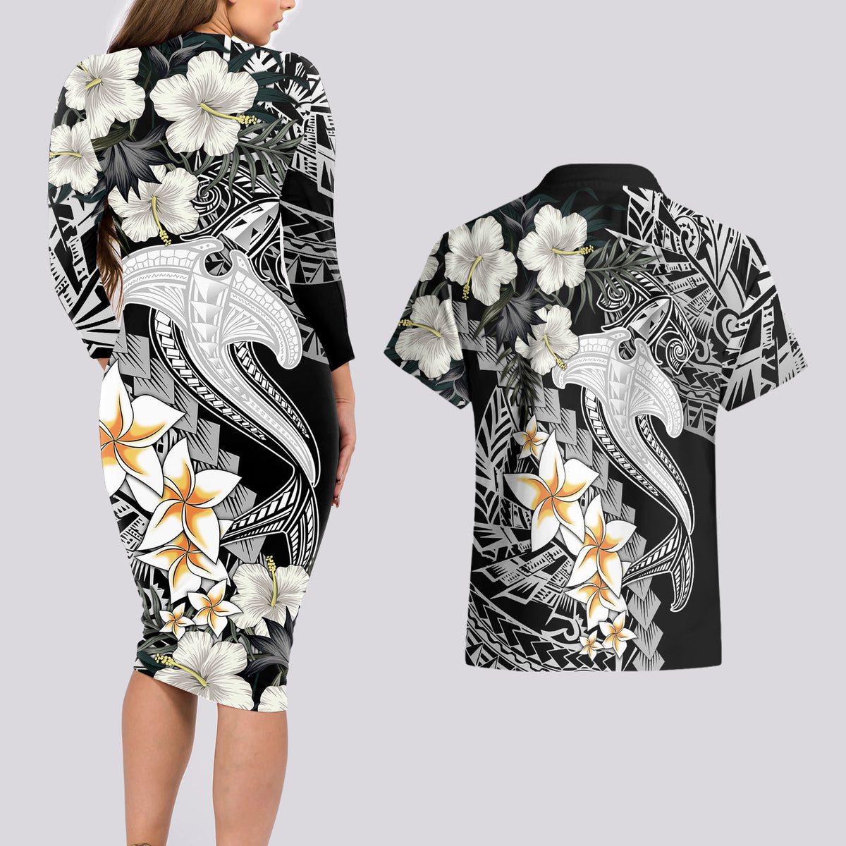 Aloha Hawaii Couples Matching Long Sleeve Bodycon Dress and Hawaiian Shirt Hammerhead Shark Tattoo Polynesian Summer - White LT9 - Wonder Print Shop