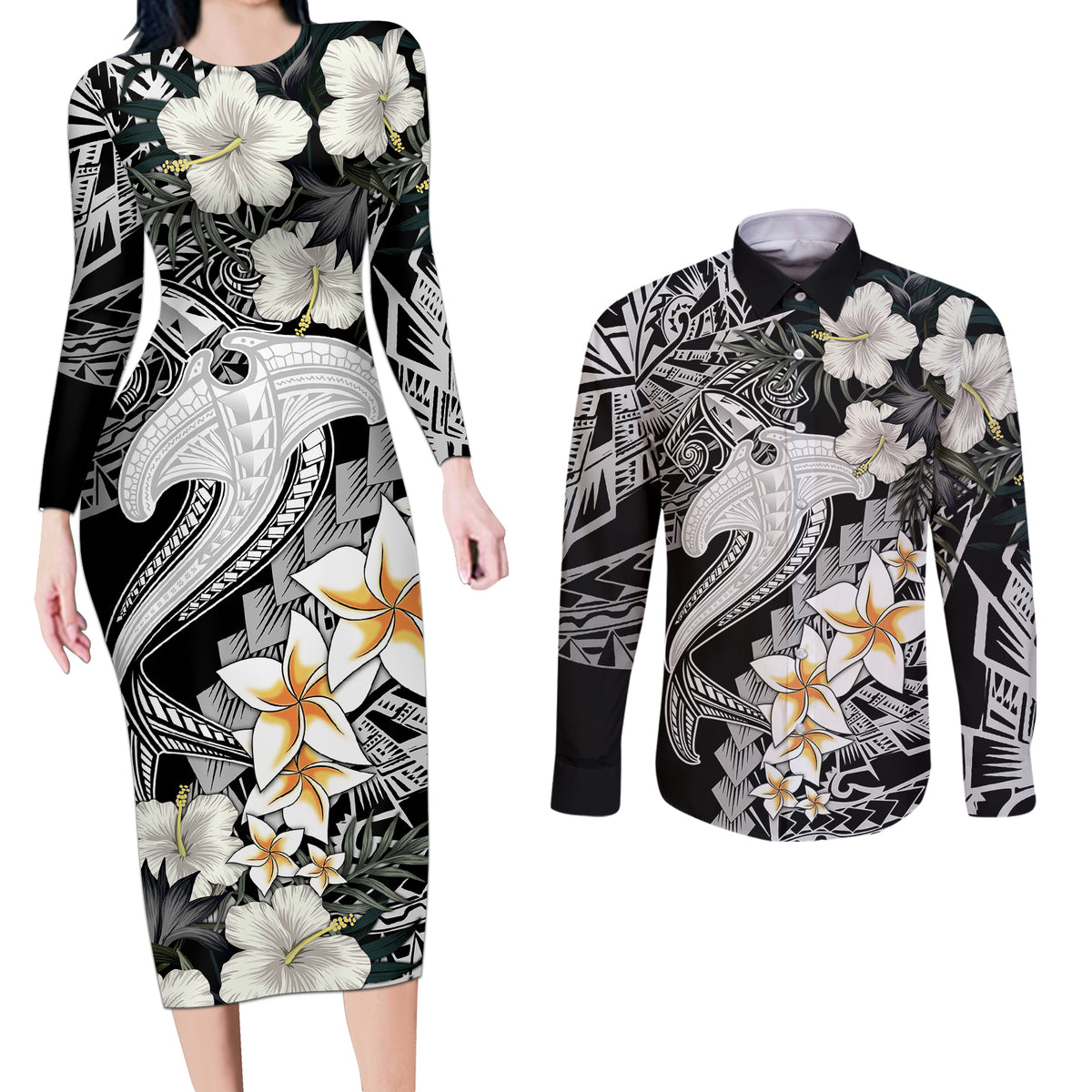 Aloha Hawaii Couples Matching Long Sleeve Bodycon Dress and Long Sleeve Button Shirts Hammerhead Shark Tattoo Polynesian Summer - White LT9 - Wonder Print Shop