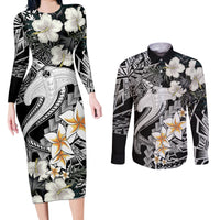 Aloha Hawaii Couples Matching Long Sleeve Bodycon Dress and Long Sleeve Button Shirts Hammerhead Shark Tattoo Polynesian Summer - White LT9 - Wonder Print Shop