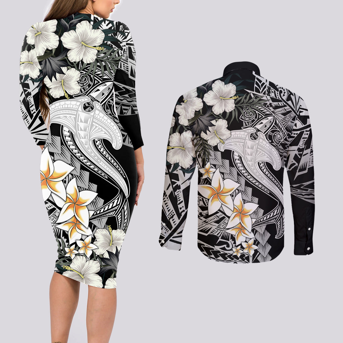 Aloha Hawaii Couples Matching Long Sleeve Bodycon Dress and Long Sleeve Button Shirts Hammerhead Shark Tattoo Polynesian Summer - White LT9 - Wonder Print Shop