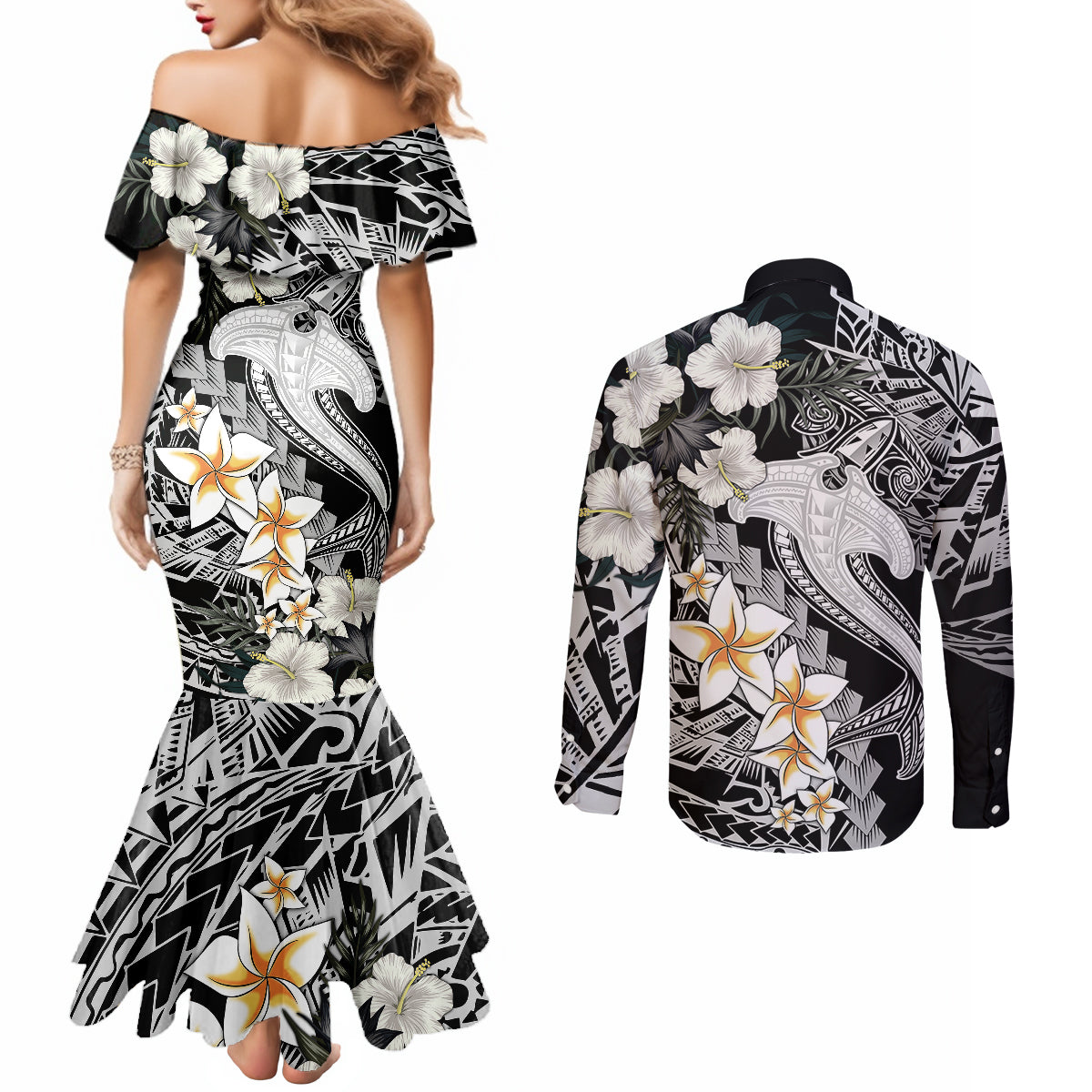aloha-hawaii-couples-matching-mermaid-dress-and-long-sleeve-button-shirts-hammerhead-shark-tattoo-polynesian-summer-white