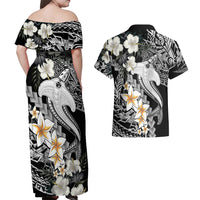 Aloha Hawaii Couples Matching Off Shoulder Maxi Dress and Hawaiian Shirt Hammerhead Shark Tattoo Polynesian Summer - White LT9 - Wonder Print Shop