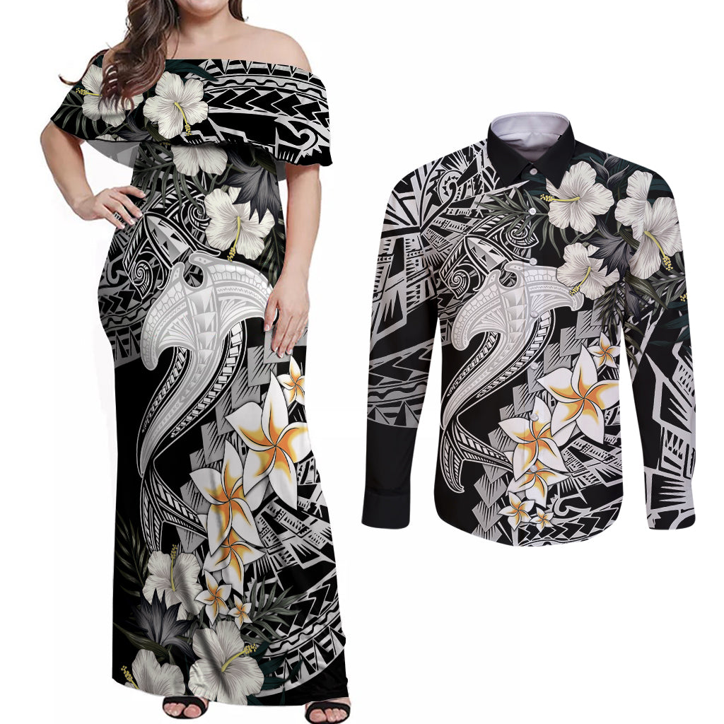 Aloha Hawaii Couples Matching Off Shoulder Maxi Dress and Long Sleeve Button Shirts Hammerhead Shark Tattoo Polynesian Summer - White LT9 - Wonder Print Shop