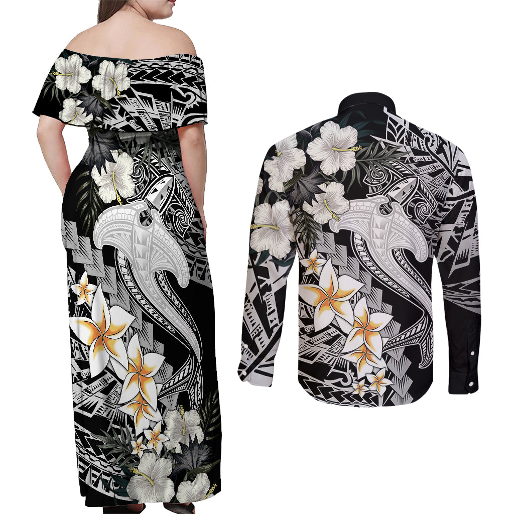 Aloha Hawaii Couples Matching Off Shoulder Maxi Dress and Long Sleeve Button Shirts Hammerhead Shark Tattoo Polynesian Summer - White LT9 - Wonder Print Shop